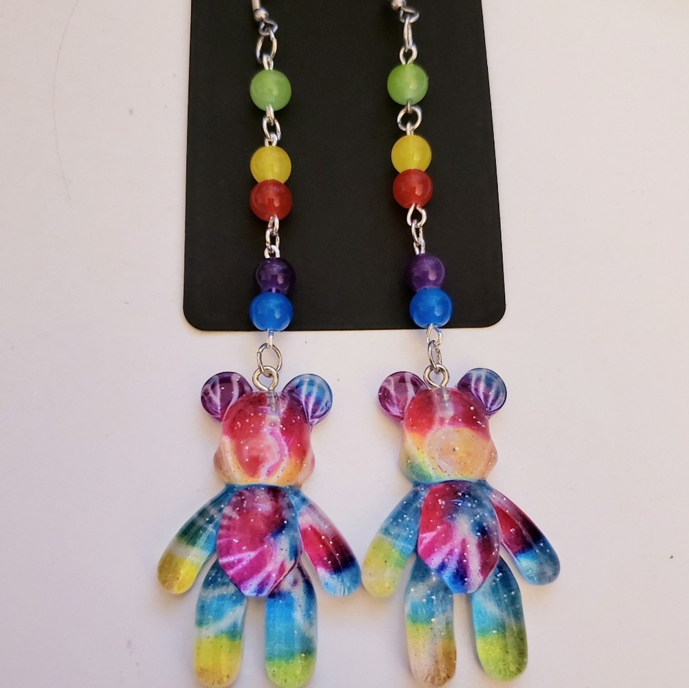 Handmade Beaded Rainbow Tie Dye Glitter Teddy Bear Earrings